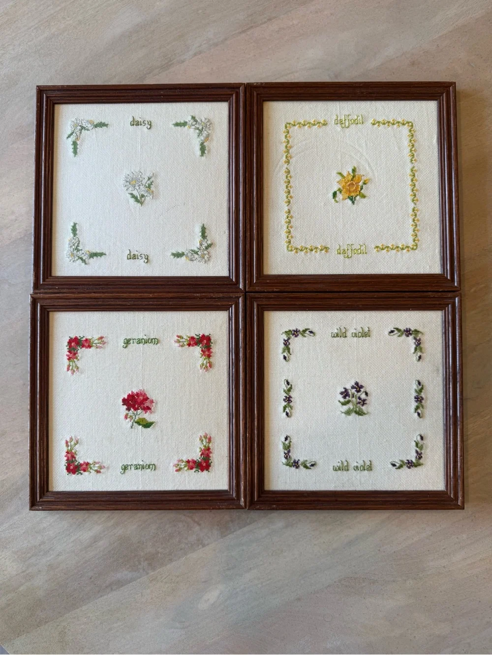 Set of Four Floral Embroidered Wall Frames - Brown